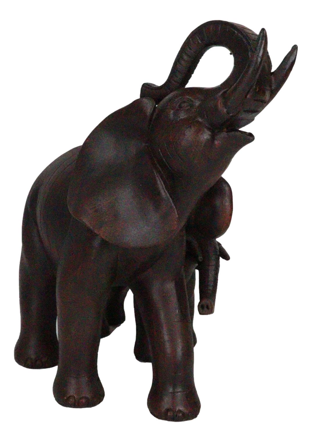 Safari Trunk Up Elephant Father and Calf Family Figurine In Faux Wood Finish