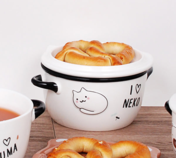 Pack Of 2 White Maneki Neko Lucky Cat Porcelain Kids Food Bowls W/ Lid 25Oz