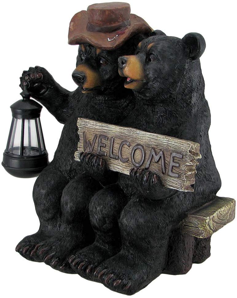 Ebros So Happy Together Black Bears Welcome Garden Statue With Solar LED Lantern