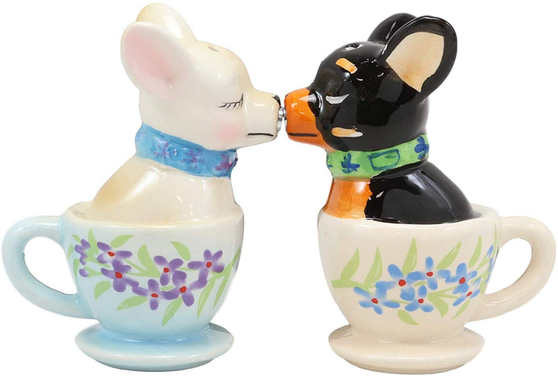 Ceramic Teacup Black White Chihuahua Dogs Kissing Salt And Pepper Shakers Set