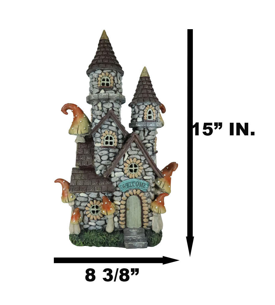 Fairy Garden LED Light Up Castle Stone House With Tall Tower Roofs Figurine - Ebros Gift