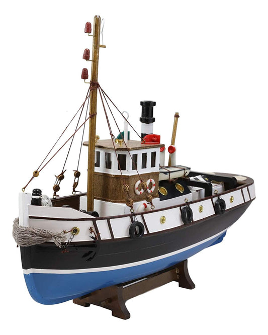 Ebros 17.25"L Blue Wooden Tugboat Boat Model Statue with Wood Base Stand Figure - Ebros Gift