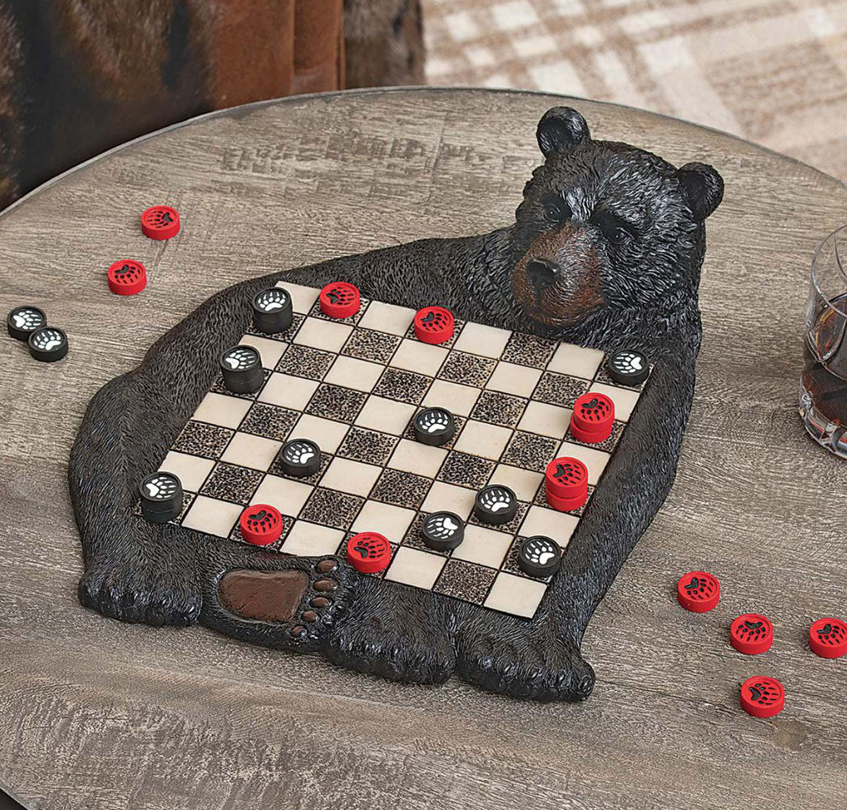 Rustic Western Forest Black Bear Checkerboard With Bear Paw Color Checkers Set