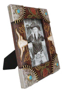 Rustic Western Longhorns Silver Conchos Turquoise Gems Picture Photo Frame 4"X6"