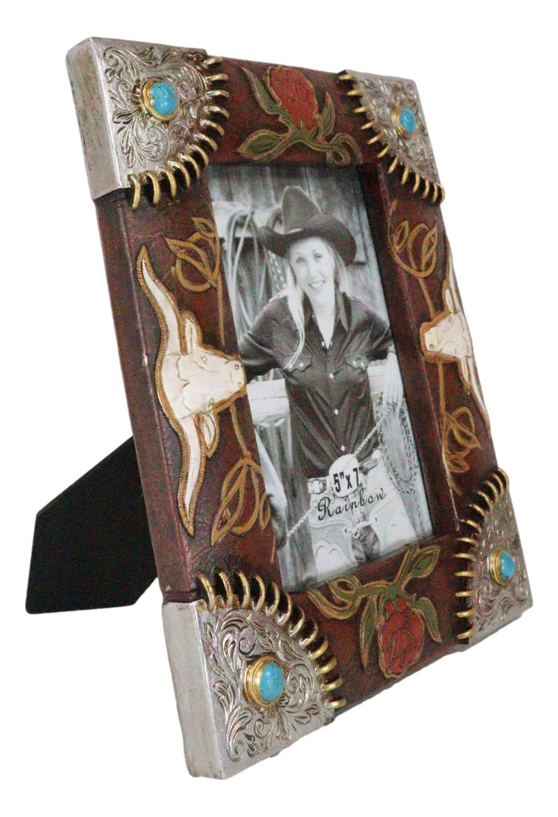 Rustic Western Longhorns Silver Conchos Turquoise Gems Picture Photo Frame 4"X6"