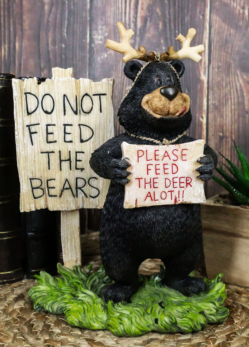 Rustic Western Whimsical Black Bear With Antlers And Feed The Deer Sign Figurine