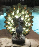 Ebros Iridescent Peacock With Gold Gemstone Train Feathers Solar LED Light Statue 11"H