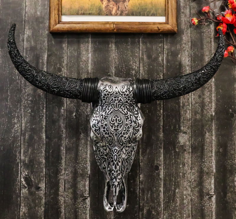 Western Floral Tribal Tattoo Tooled Bison Bull Cow Skull Wall Decor Plaque