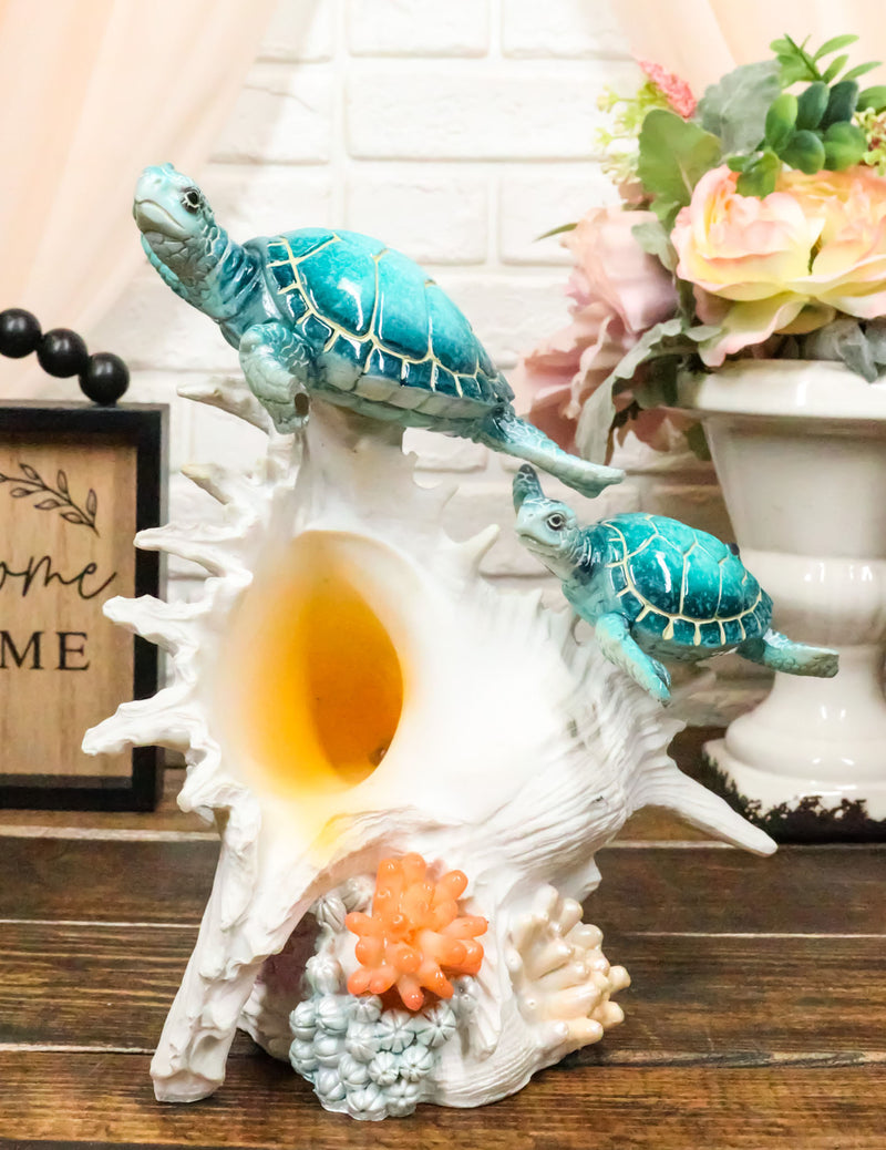 Colorful Nautical Sea Turtle Family Swimming By Big Conch With LED Light Statue