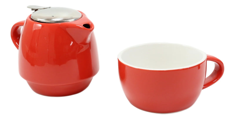 Glossy Red Contemporary Ceramic Stackable Teapot Set Single Tea Pot With Mug