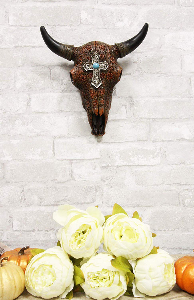 Ebros 11" High Western Southwest Steer Bison Buffalo Bull Cow Horned Skull Head with Turquoise Gem Silver Cross Tooled Leather Design Wall Mount Decor - Ebros Gift