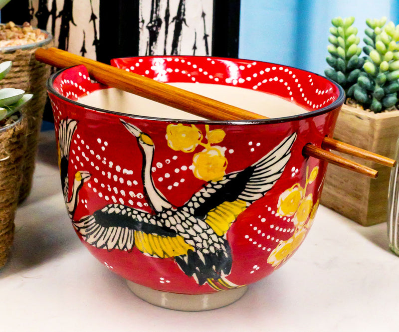 Red Sky Flying Crane Bird Ramen Noodles 5"D Soup Rice Bowl With Chopsticks Set
