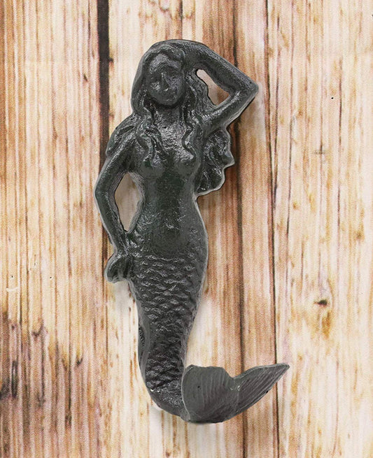 Ebros Gift 6"H Mermaid Cast Iron Rustic Wall Coat Hook For Keys Leashes Hats (1) - Ebros Gift