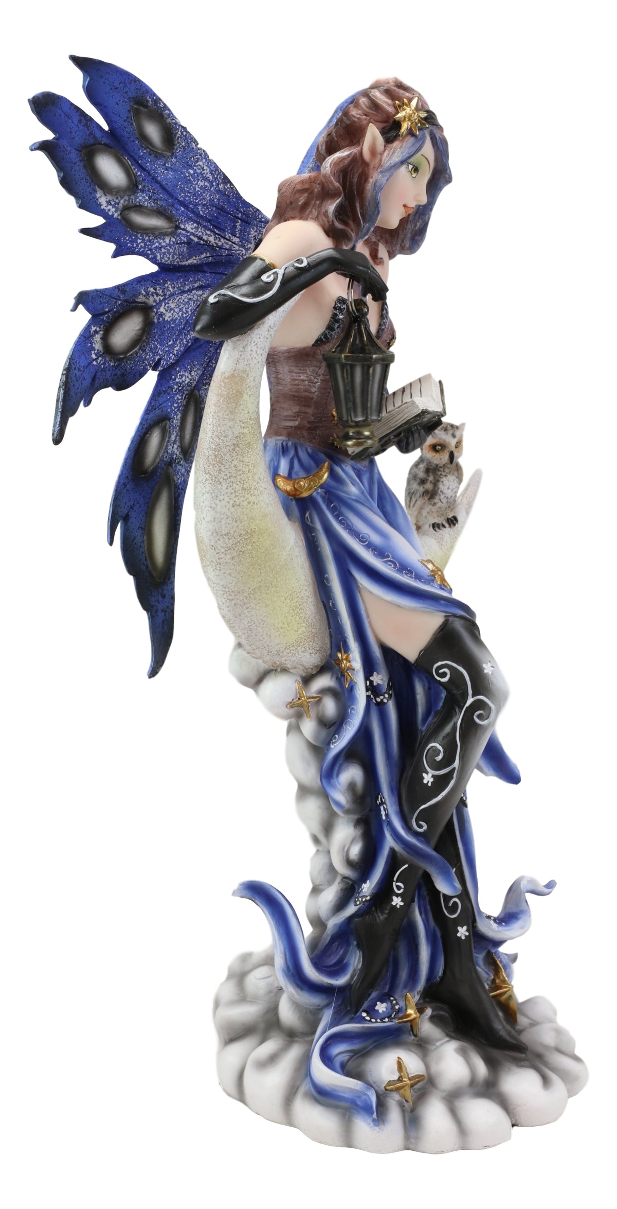 Fairy With Book Lantern And Owl On Crescent Moon Clouds and Stars Statue 14" H - Ebros Gift
