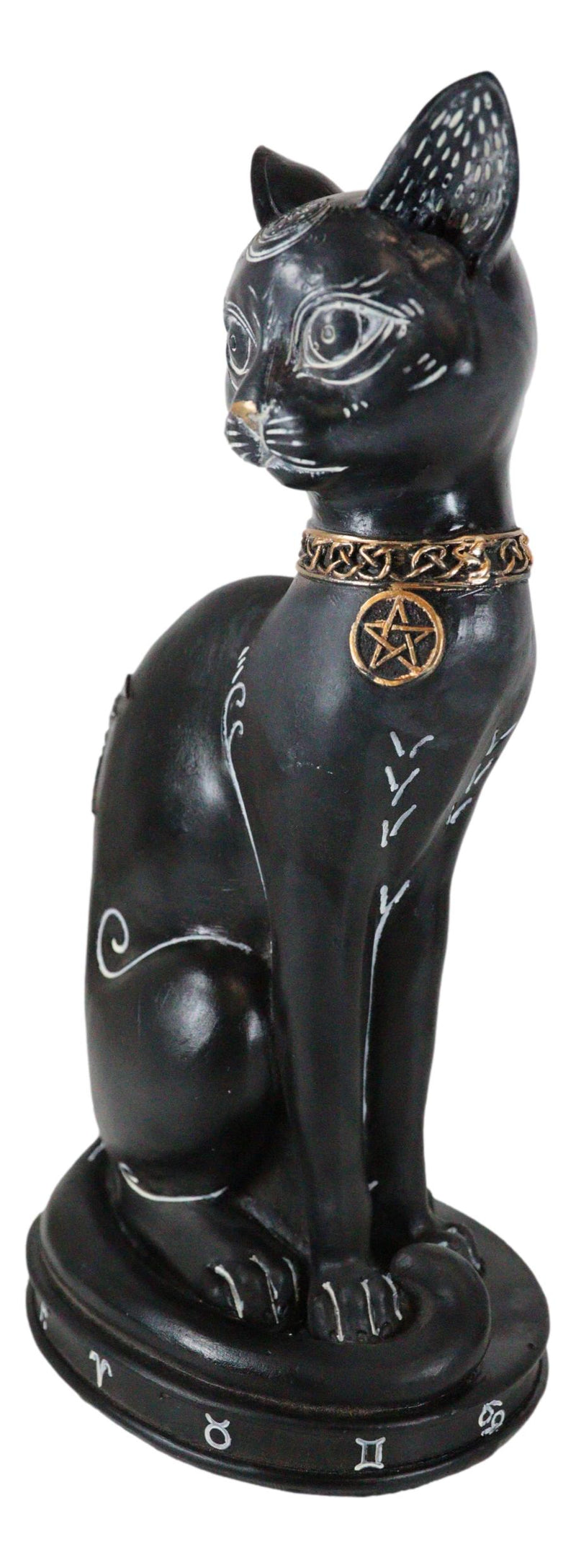 Wicca Halloween Black Cat with Pentagram Necklace and Alchemy Symbols Figurine