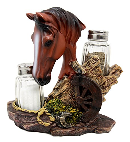 Ebros Chestnut Horse by Wagon Wheel Salt Pepper Shakers Holder Set 6.25" H