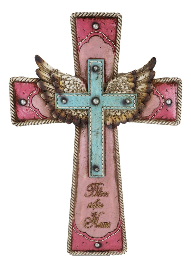 Rustic Western Cowgirl Pink And Turquoise Angel Wings Bless This Home Wall Cross