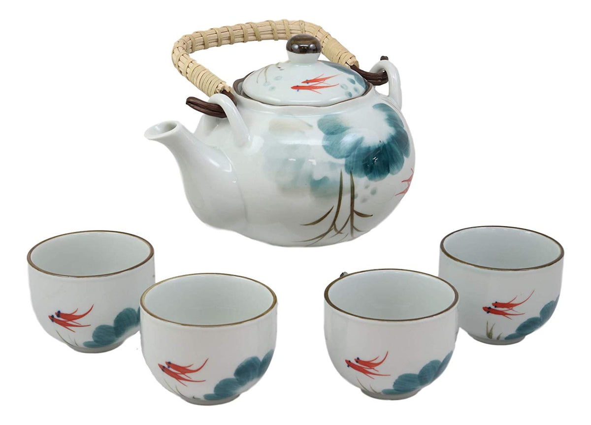 Chinese Art Feng Shui Pond With Koi Fishes Porcelain Tea Pot Set With 4 Cups - Ebros Gift