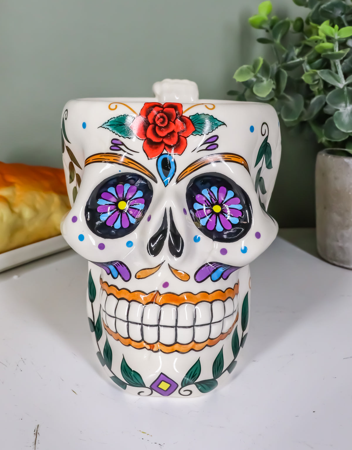 Ebros Gift White Tribal Day of The Dead Red Rose Sugar Skull Drink Coffee Mug Cup Ceramic 6.25"H - Ebros Gift