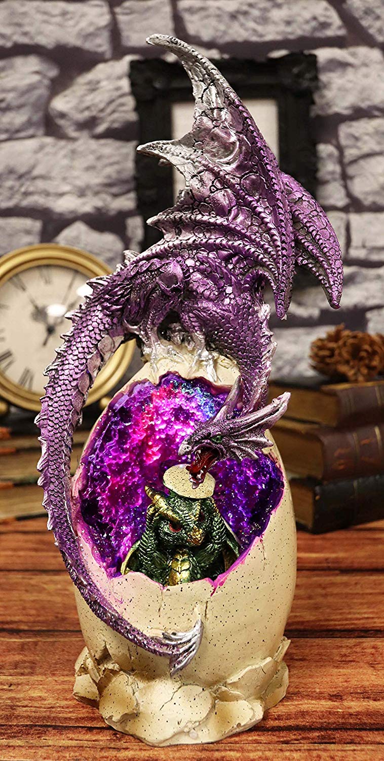 Ebros 12.5"H Magenta Dragon On Crystal Quartz Geode Egg LED Night Light Statue - Ebros Gift