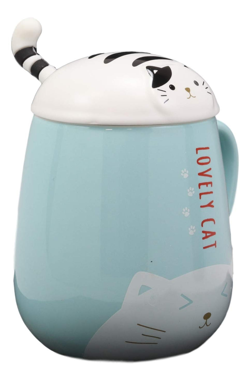 Ebros Lovely Cat Paw Prints With Tuxedo Cat Lid Blue Ceramic Coffee Tea Mug Drink Cup With Striped Cat Tail Spoon 15oz Animal Pets Cats Kittens