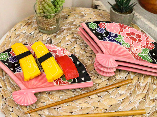 Ebros Set Of 4 Pink Floral Blossoms Oriental Fan Shaped Appetizer Sushi Dessert Plates