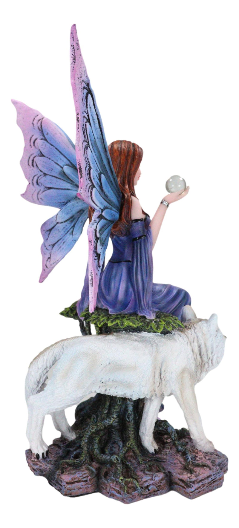 Purple Pearl Wishing Fairy On Tree Of Life With Giant Winter Snow Wolf Figurine