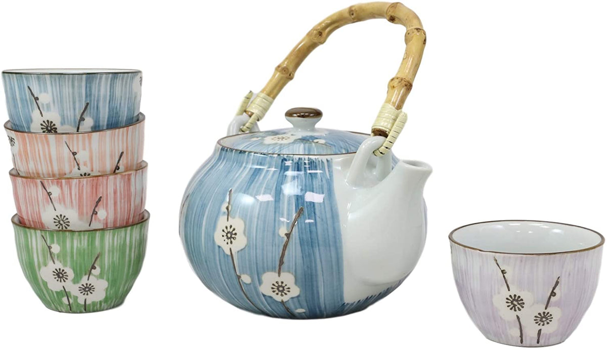Ebros Japanese Sakura White Cherry Blossom Tea Set Ceramic Pot and Cups Set of 5 - Ebros Gift