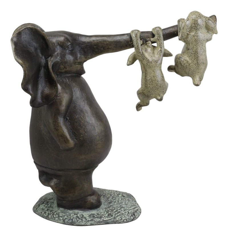 Ebros Aluminum Elephant With Two Playful Rabbits Hanging On Its Trunk Statue