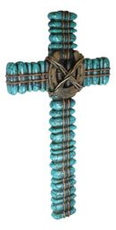 18"H Rustic Western Turquoise Pebbles Horseshoe Barbed Wires Wall Cross Plaque