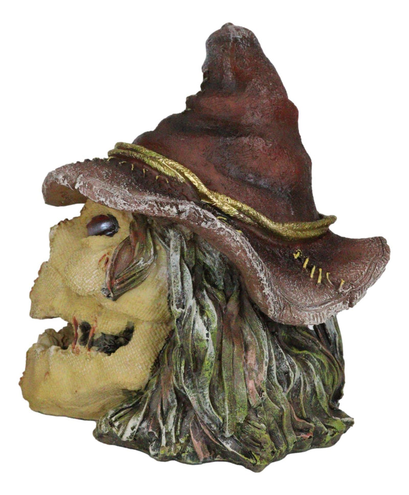 Halloween Creepy Scarecrow Straw Man Skull With Faux Leather Stitch Hat Figurine