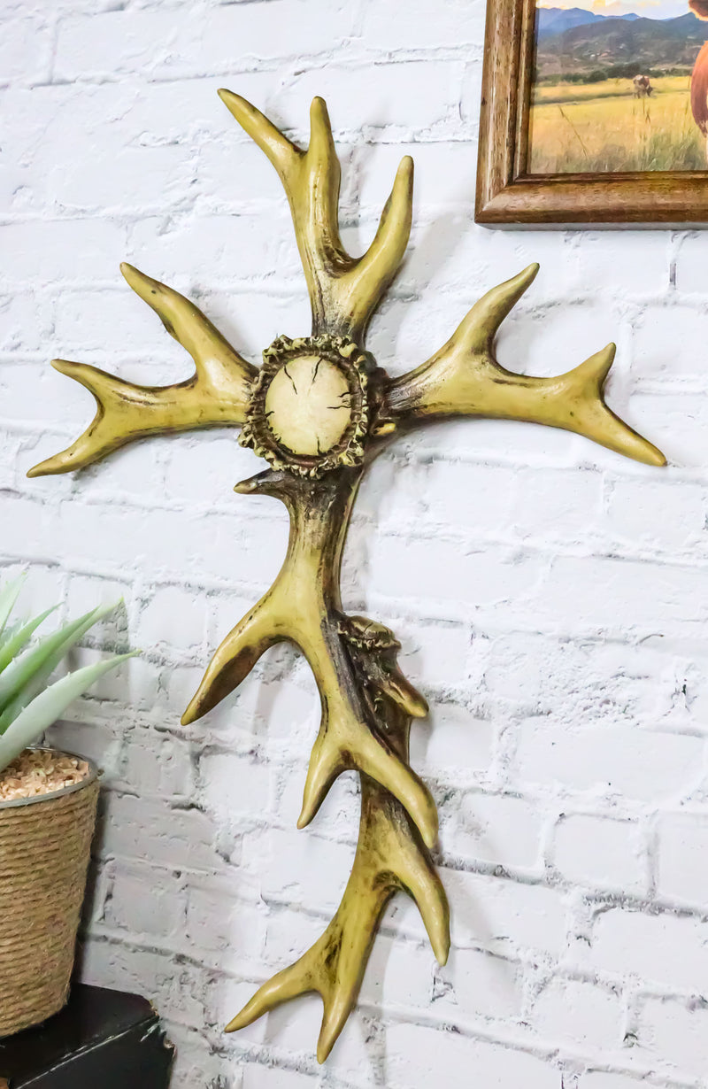 Rustic Western Stag Elk Deer Bone Antlers Burr Center Wall Cross Cabin Decor