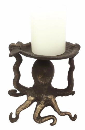 Nautical Ocean Reef Kraken Octopus With Sea Shell Pillar Candleholder Figurine