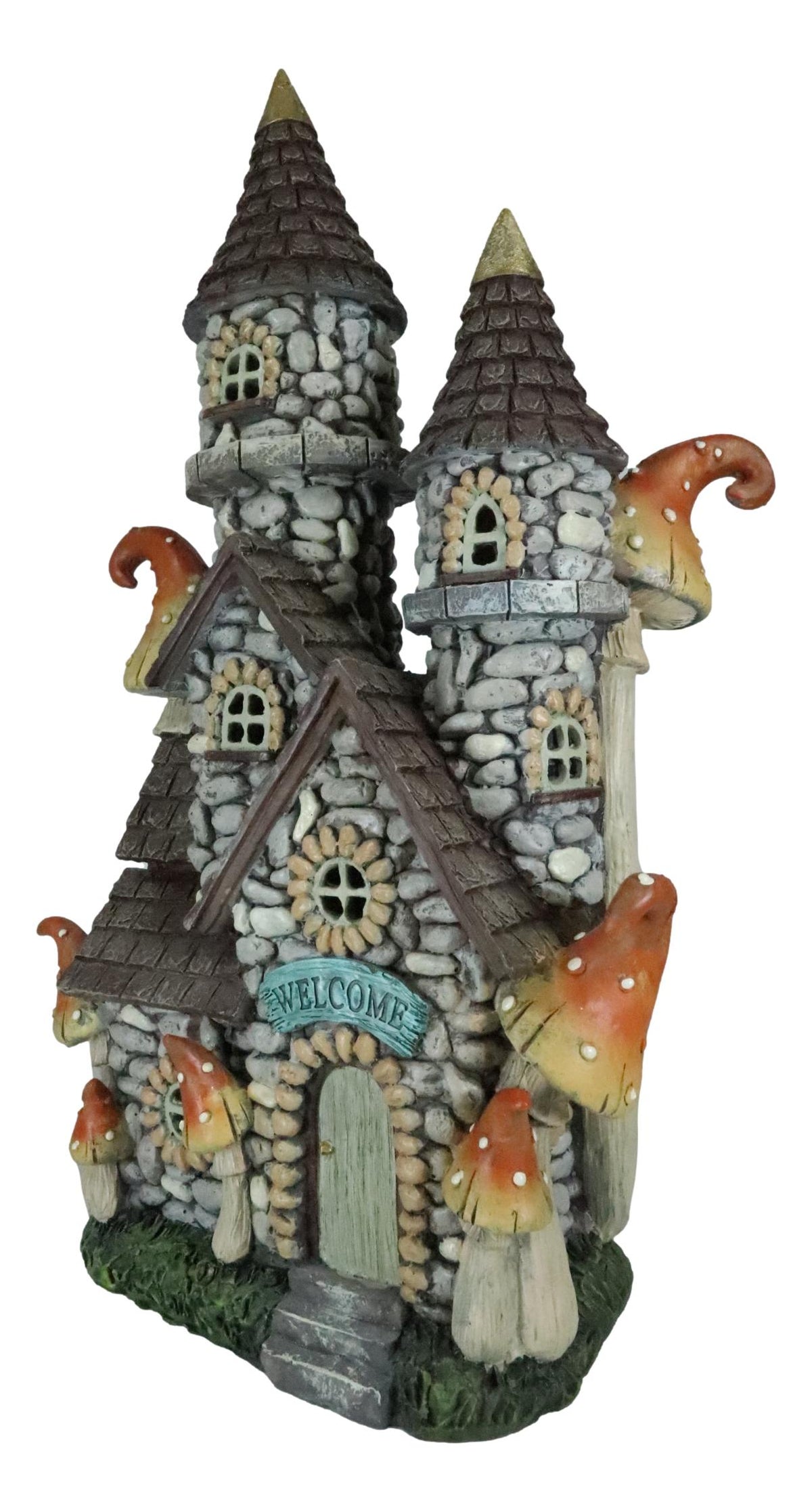 Fairy Garden LED Light Up Castle Stone House With Tall Tower Roofs Figurine - Ebros Gift