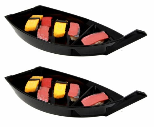 Ebros Japanese Black Plastic Lacquer Sushi Fishing Boat Serving Plate Set of Two