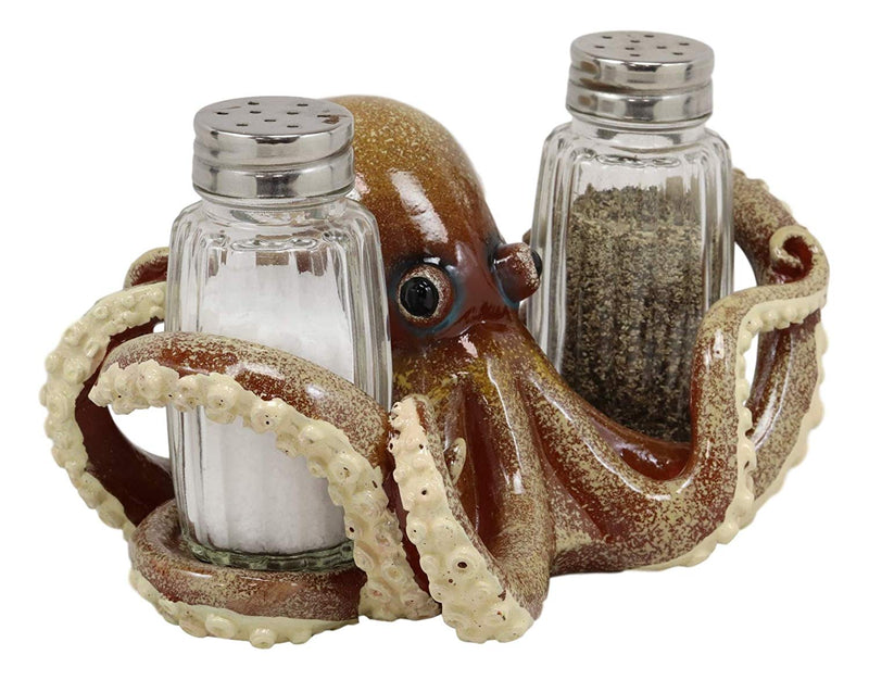 Ebros Gift Nautical Coastal Marine Octopus Wrapping Tentacles Around Glass Salt And Pepper Shakers Holder Figurine Set 6.25" Wide Kitchen Dining Table Decor