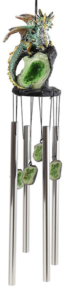 Medieval Green Dragon Guarding Emerald Crystal Geode Rock Figurine Wind Chime