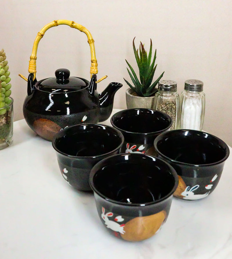 Ebros Auspicious Hare Rabbits Jumping Over Red Moon Ceramic Tea Set Teapot And 4 Cups