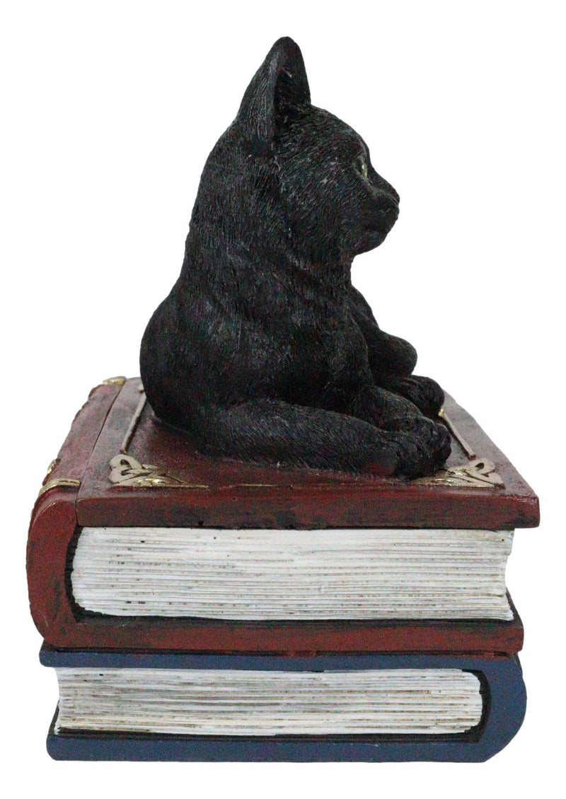 Wicca Mystical Black Cat Sitting On Book Of Spells Stack Decorative Jewelry Box