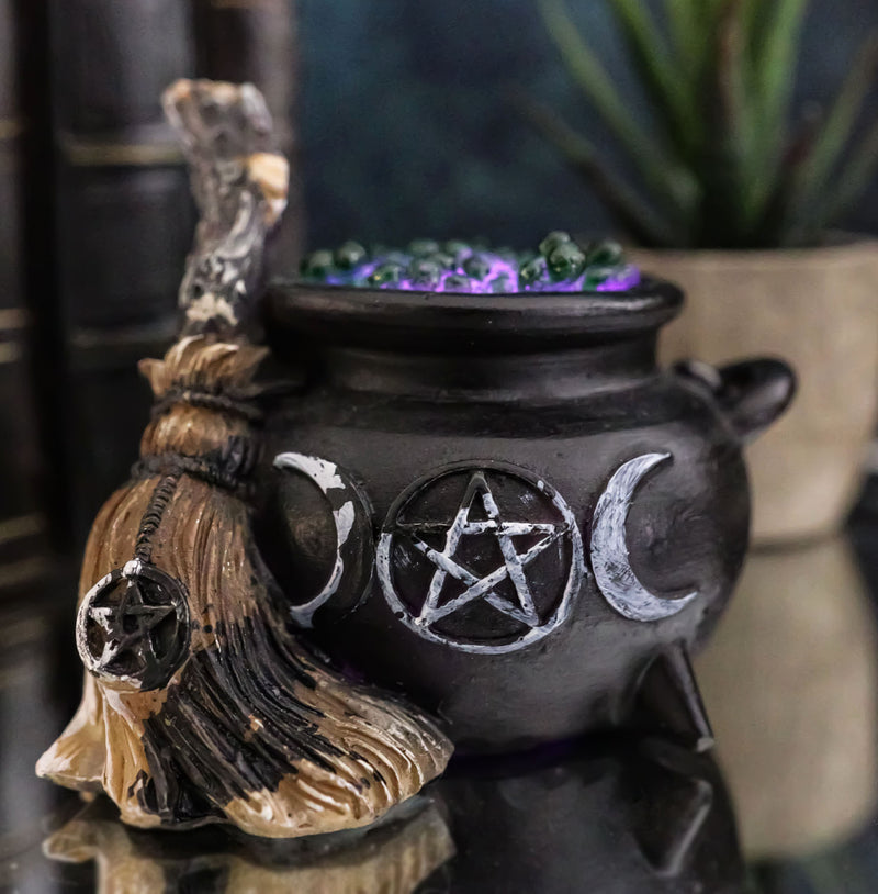 Wicca Triple Moon Goddess Pentagram LED Cauldron And Broomstick Mini Figurine