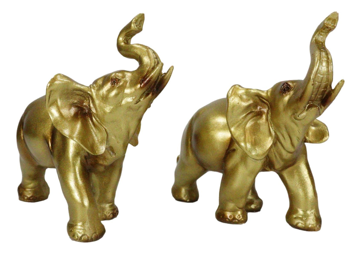 Feng Shui Gold Patina Elephant Left And Right Pair Figurines With Trunks Up - Ebros Gift
