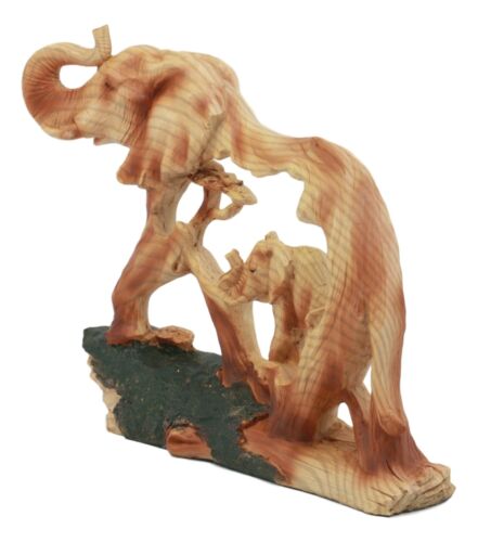 Ebros Elephant and Baby Walking in The Jungle Statue 9" Long Faux Wood Resin Wildlife Safari Elephant Family Scene Figurine - Ebros Gift