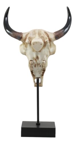 Large Alpha Wolf Spirit Totem On Buffalo Bull Skull Stake Statue 17.5"Tall
