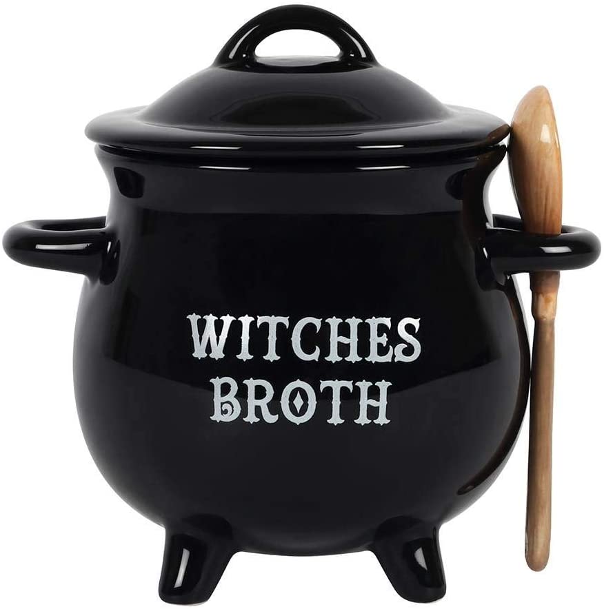 Witches Broth Cauldron Ceramic Bowl with Broom Spoon - Ebros Gift