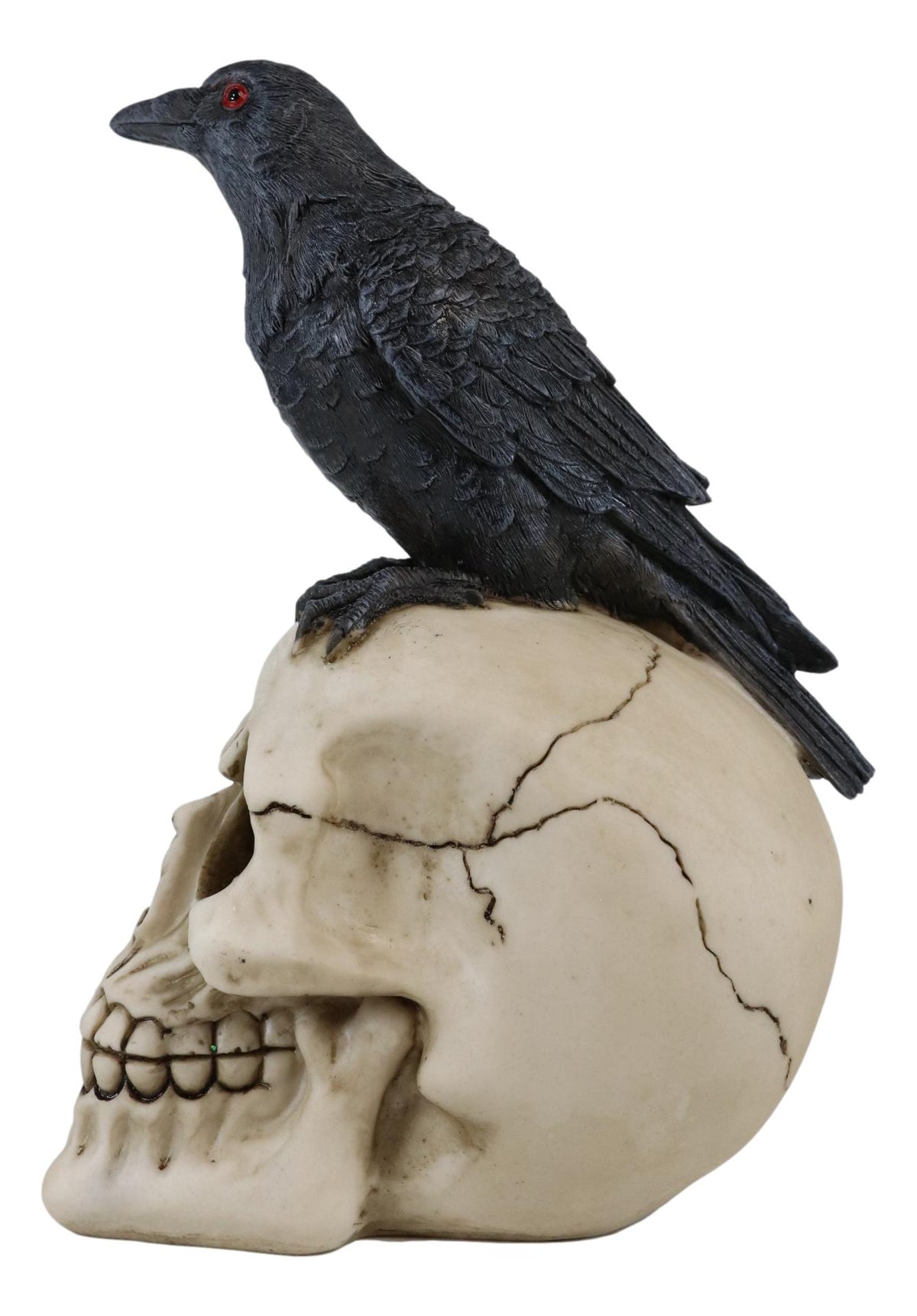 Quoth The Raven Nevermore Black Crow With Red Eyes On Macabre Skull Figurine - Ebros Gift