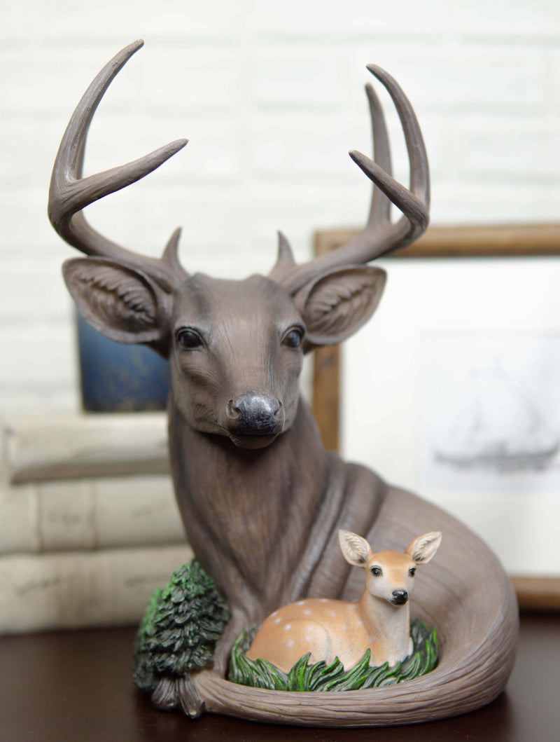 Rustic 8 Point Buck Deer With Whitetail Fawn By Pine Trees Faux Wood Figurine