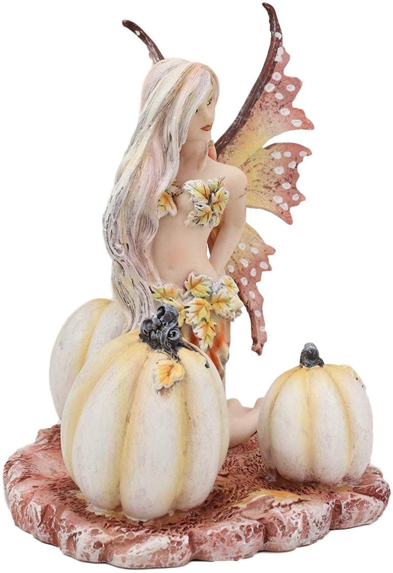 Ebros Amy Brown Autumn Maple Elf Fairy with White Pumpkins Statue 5" Long