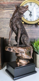 Rustic Moon Howling Alpha Wolf Sitting On Rocky Cliff Figurine With Trophy Base