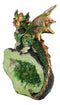Metallic Green Iridescent Wyrmling Dragon On Faux Geode Crystal Rock Figurine