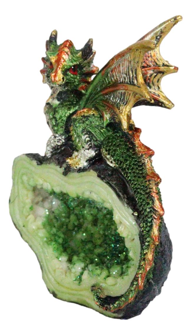 Metallic Green Iridescent Wyrmling Dragon On Faux Geode Crystal Rock Figurine